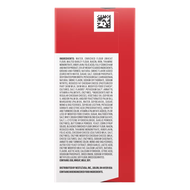 Right angle view photograph of a box of Hickory Ham & Cheddar Hot Pockets® featuring the yellow 5 Value Pack label and red and white Hot Pockets logo above the product name and golden brown crispy butter crust stuffed with ham and melted cheddar cheese on a bright red surface with a “5 Pack” label in the bottom right corner.