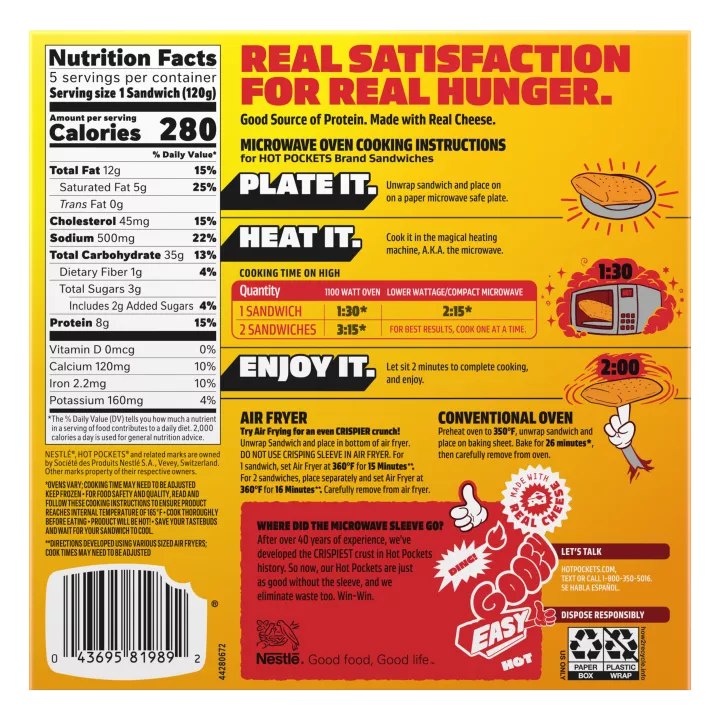 A yellow box of Sausage, Egg & Cheese Hot Pockets with a croissant crusted sandwich on a green label.