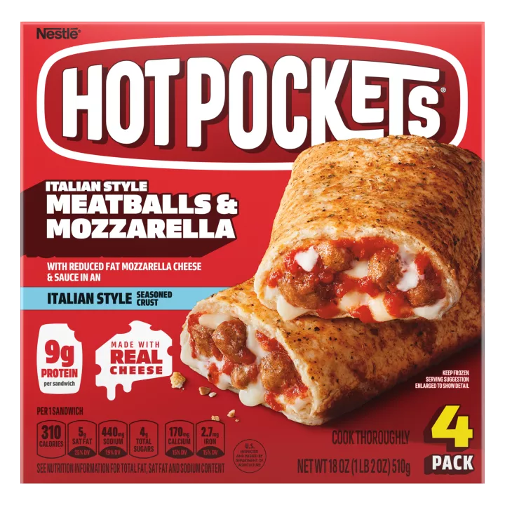 Front Center view of NESTLE HOT POCKETS Meatballs and Mozzarella 18oz NET WT 18 oz (1 lb 2 oz) 510 g product.