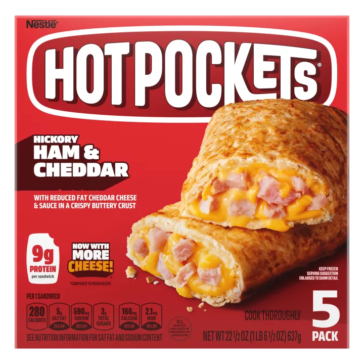 Box of Hickory Ham & Cheddar Hot Pockets® with the product name, product image and a “5 Pack” label in the corner.