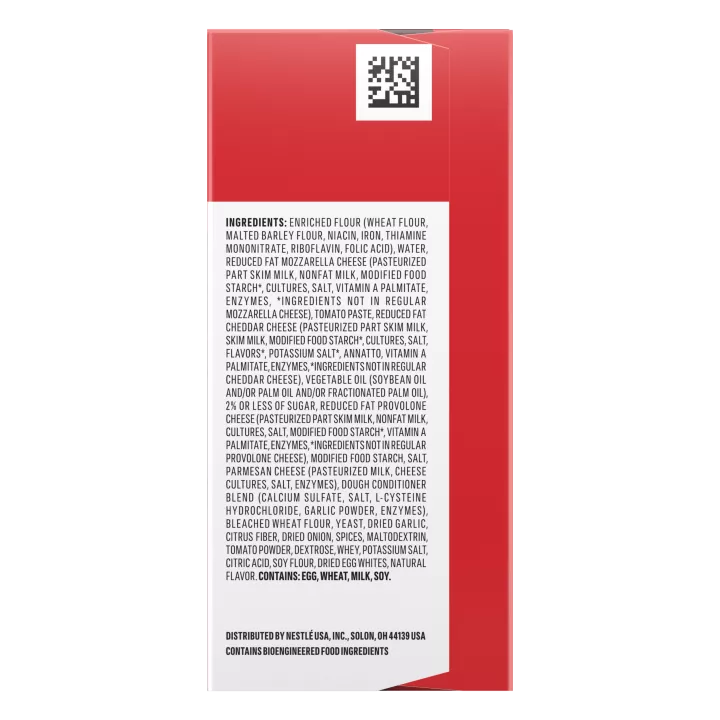 Right angle view photograph of a box of Four Cheese Pizza Hot Pockets® featuring the red and white Hot Pockets logo above the product name and a golden brown garlic pizza crust stuffed with parmesan, cheddar, provolone, and mozzarella cheese on a bright red surface with a yellow “5 Pack” label in the bottom right corner.