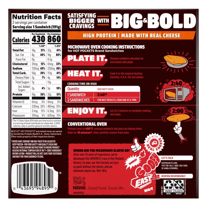 Left angle view photograph of a box of Buffalo Style Chicken Hot Pockets® featuring the red and white Hot Pockets logo above the product name and the Big & Bold label beside a golden brown buffalo blasted crust stuffed with chicken, buffalo sauce, and melted cheddar cheese on a dark red surface with a “2 Pack” label in the bottom right corner.