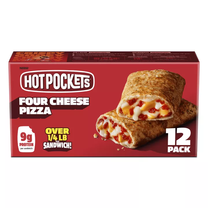 Vista frontal central de sándwiches congelados Hot Pockets Four Cheese Pizza, paq. 12 Caja PESO NETO 51 oz (3lb 3oz) 1.44 kg.