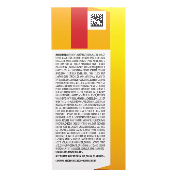 A yellow box of Bacon, Egg & Cheese Hot Pockets with a croissant crusted sandwich on a green label and 5 pack badge.