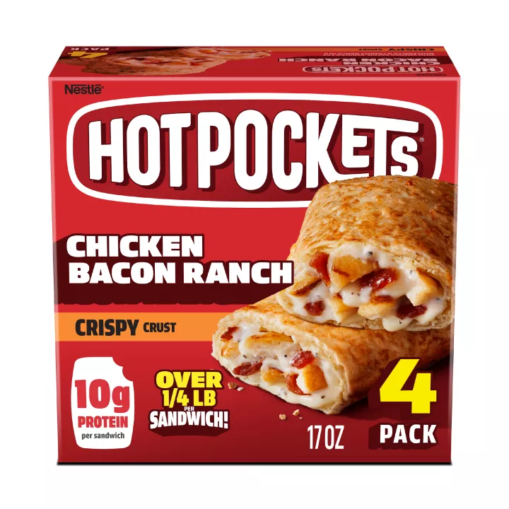 Front Center view of NESTLE HOT POCKETS Chicken Bacon Ranch 17oz NET WT 17 oz (1 lb 1 oz) 481 g product.