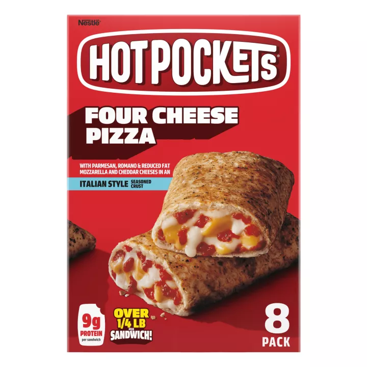 Front Center view of Hot Pockets Four Cheese Pizza Frozen Sandwiches 34 oz 8 pack Box NET WT 34 oz (2 lb 2 oz) 963 g product.