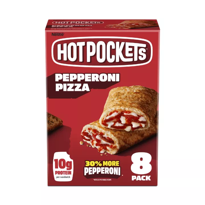 Caja de Pepperoni Pizza Hot Pockets® con el nombre y la imagen del producto y carteles de nuevo tamaño y paquete de 8.