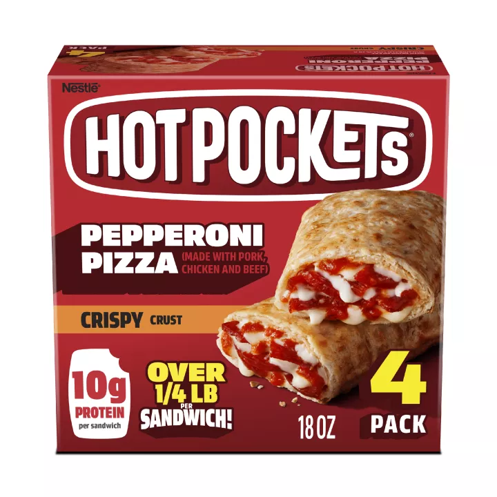 Front Center view of Hot Pockets Pepperoni Crispy Crust Frozen Sandwiches 18 oz 4 Pack Box NET WT 18 oz (1 lb 2 oz) 510 g product.
