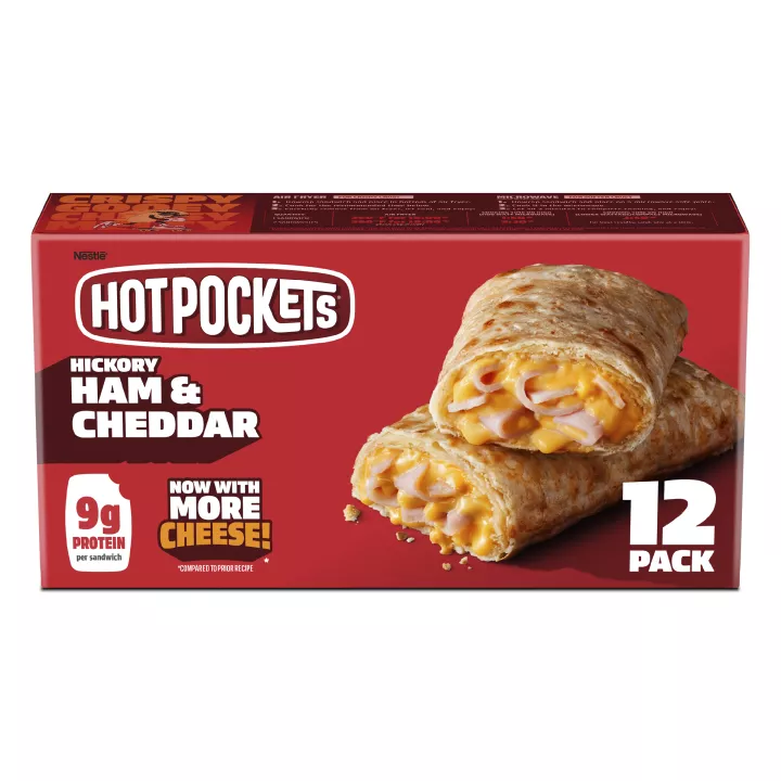 Front Center view of Hot Pockets Croissant Crust Hickory Ham and Cheddar Frozen Sandwiches 54 oz 12 pack Box NET WT 54 oz (3 lb 6 oz) 1.53 kg product.