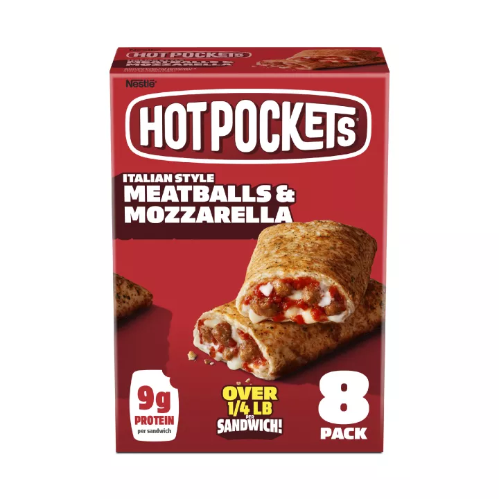 Box of Italian Style Meatballs and Mozzarella Hot Pockets® with 8 Pack, 9g protein and over ¼ LB per sandwich labels.