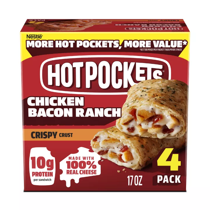 Front Center view of NESTLE HOT POCKETS Chicken Bacon Ranch 17oz NET WT 17 oz (1 lb 1 oz) 481 g product.