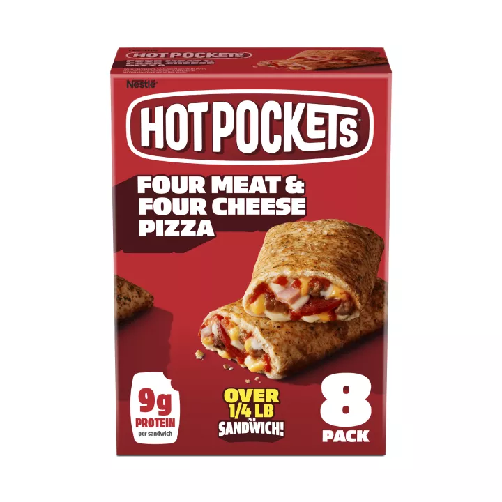 Front Center view of Hot Pockets Four Meat and Four Cheese Pizza Frozen Sandwiches 34 oz 8 pack Box NET WT 34 oz (2 lb 2 oz) 963 g product.