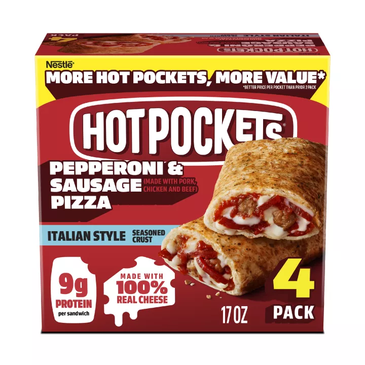 Front Center view of Hot Pockets Pepperoni and Sausage 4PK Frozen Sandwiches 17oz NET WT 17 oz (1 lb 1 oz) 481 g product.
