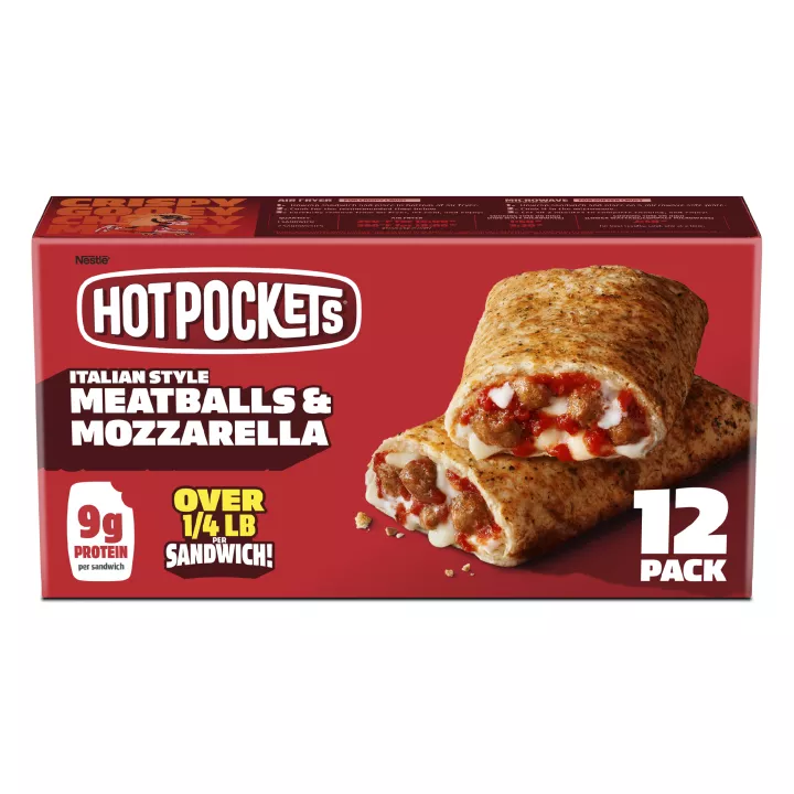 Caja de Italian Style Meatballs and Mozzarella Hot Pockets® con nombre e imagen del producto y etiqueta "Paquete de 12".