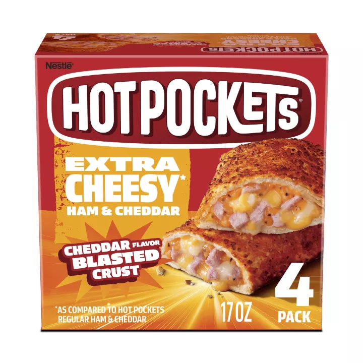 Vista frontal centrada de caja de 17oz con 4 Hot Pockets congelados sabor Ham and Cheddar con masa llena de sabor a cheddar. PESO NETO 17 oz (1 lb 1 oz) 481 g