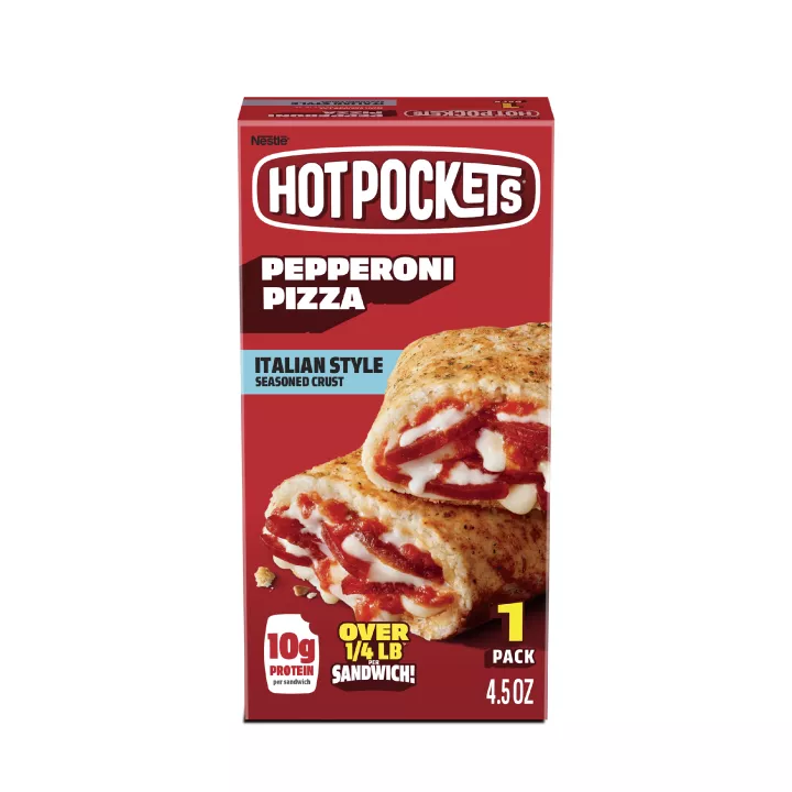 Vista frontal centrada de caja con peso neto de 4.5oz (127g) de 1 sándwich Hot Pockets sabor Pepperoni Pizza Italian Style con masa sazonada.