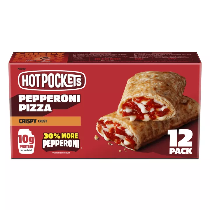 Front Center view of Hot Pockets Pepperoni Crispy Crust Frozen Sandwiches 54 oz 12 Pack Box NET WT 54 oz (3 lb 6 oz) 1.53 kg product.