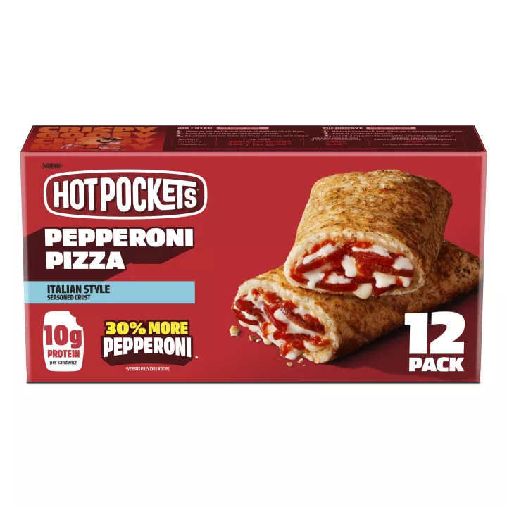 Front Center view of HOT POCKET Peperoni Pizza MP 12x4.5oz NET WT 54 oz (3 lb 6 oz) 1.53 kg product.