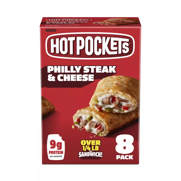 Caja de Philly Steak & Cheese Hot Pockets® con el nombre y la imagen del producto y cartel de "Paquete de 8" en una esquina.