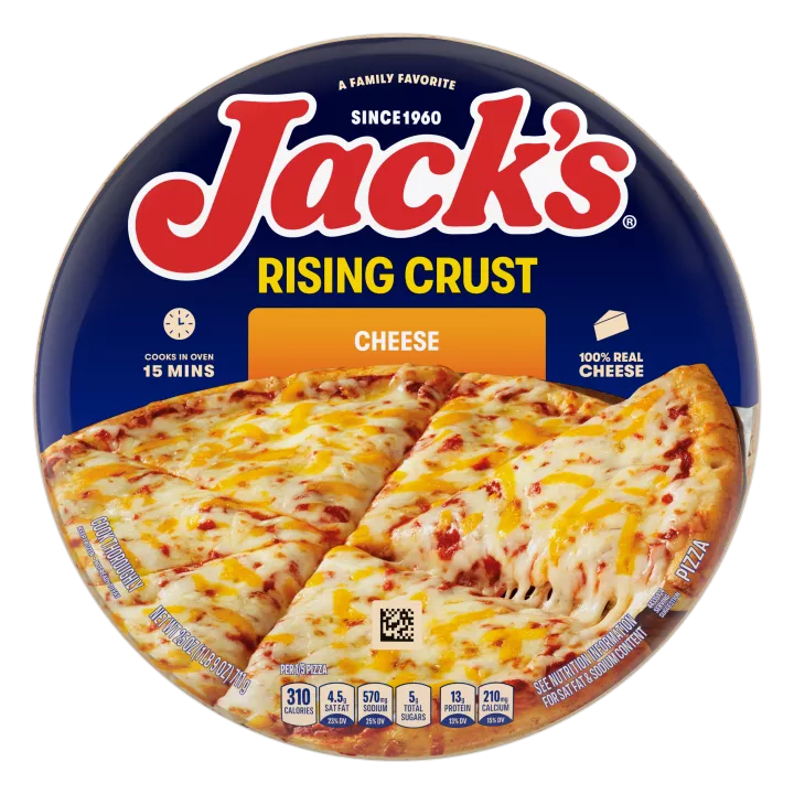 A package of rising crust cheese pizza with an orange label, a spatula and pizza, and the Jack's logo on a blue background.