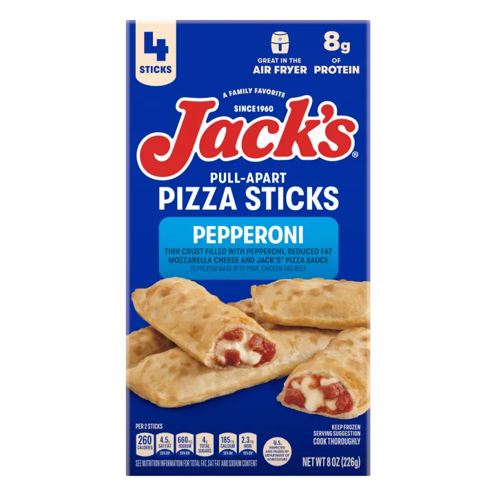 Paquete de Pepperoni Pull-Apart Pizza Sticks de Jack's que lee 4 palitos, para freidora de aire y 8 gramos de proteína.