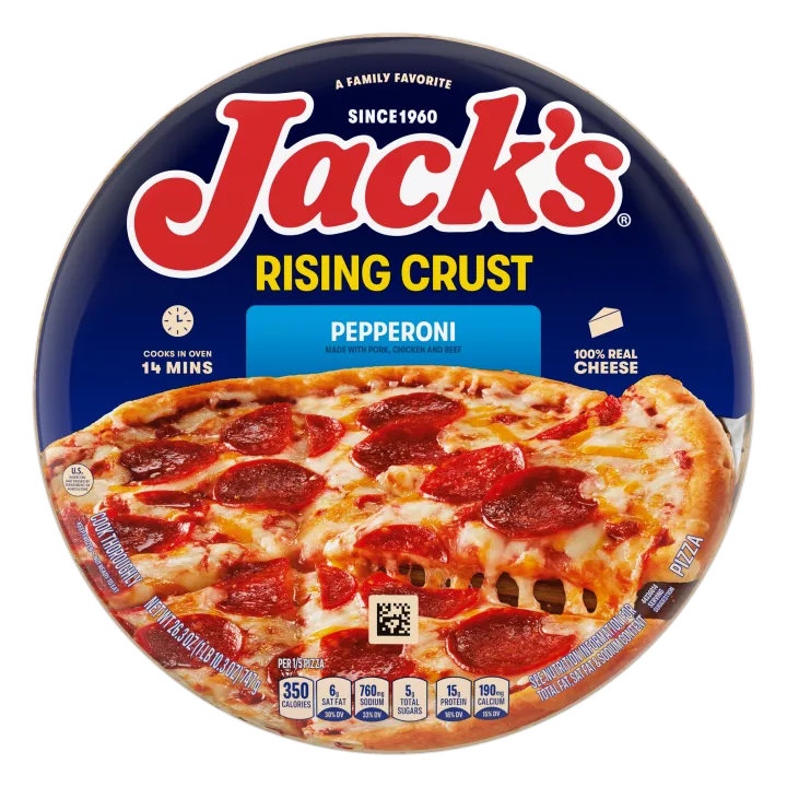 A package of pepperoni pizza with a blue label, a spatula lifting a pizza slice, and the Jack's logo on a blue background.
