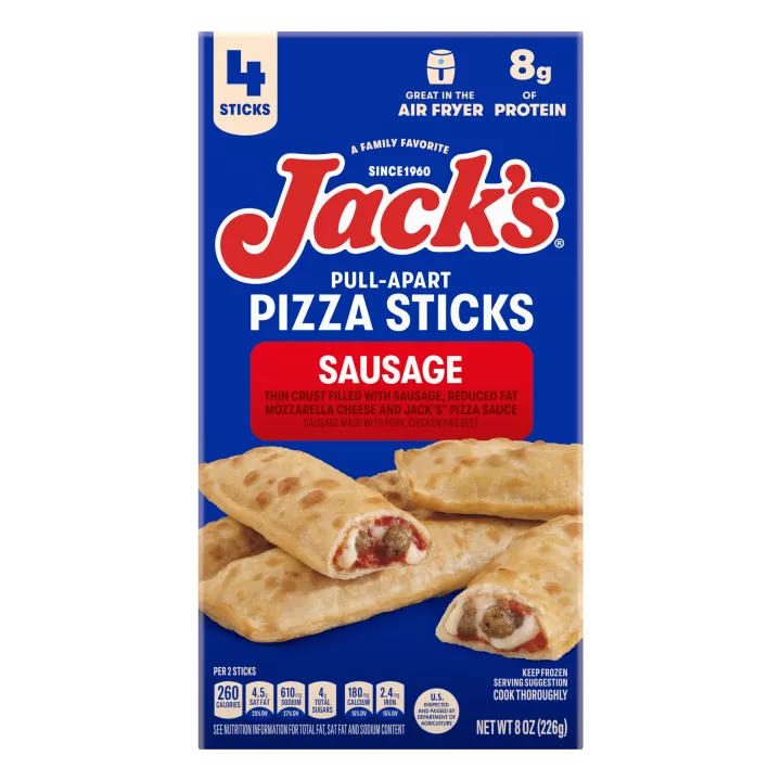 Paquete de Sausage Pull-Apart Pizza Sticks de Jack's que lee 4 palitos, para freidora de aire y 8 gramos de proteína. Salchicha hecha con cerdo, pollo y carne de res.