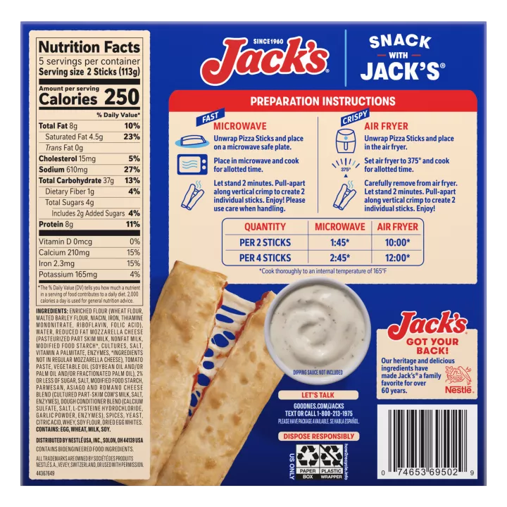 JACK'S Frozen Snack Cheese Pizza Sticks 20oz Box