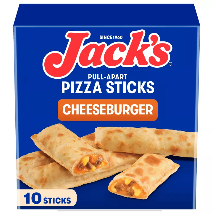 Vista frontal centrada de caja de 20 oz de 10 palitos Jacks Pull-Apart Pizza Sticks Cheeseburger.