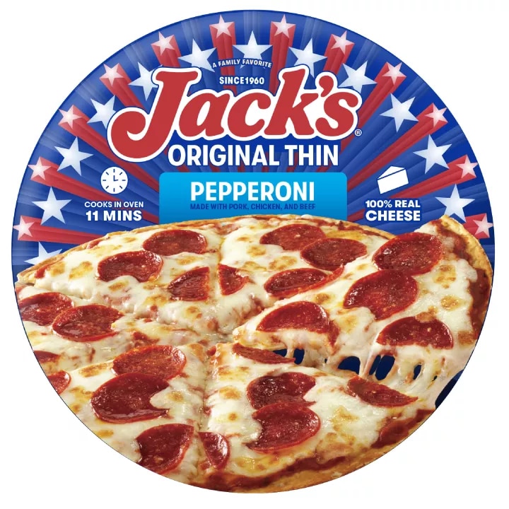A package of pepperoni pizza with a blue label, a spatula under a pizza, and the Jack's logo on a blue wood background.