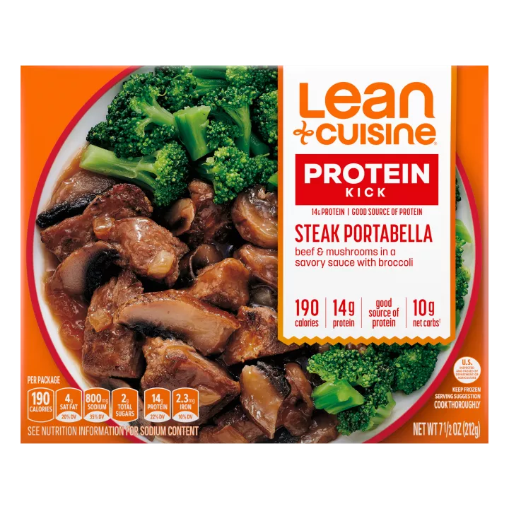 Box of Steak Portabella with a Protein Kick label and 14g of protein badge.