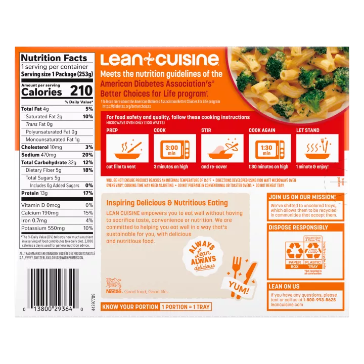 Front Left view of Lean Cuisine Macaroni and Cheese with Broccoli Frozen Entrée 8.9oz Box NET WT 8.9 OZ (253g) product.