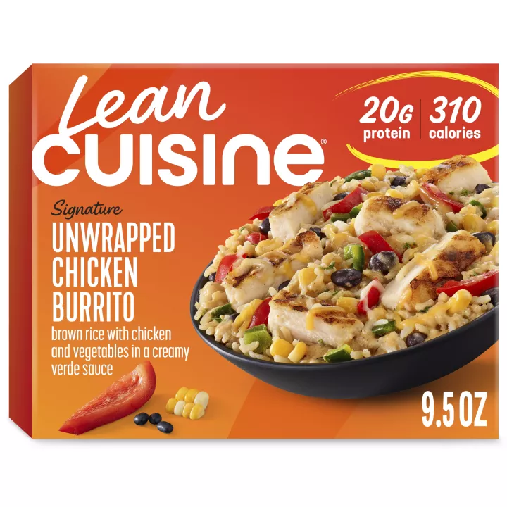 Front Center view of LEAN CUISINE Bowls Unwrapped Chicken Burrito Frozen Entrée 9.5oz NET WT 9 1/2 oz (269 g) product.