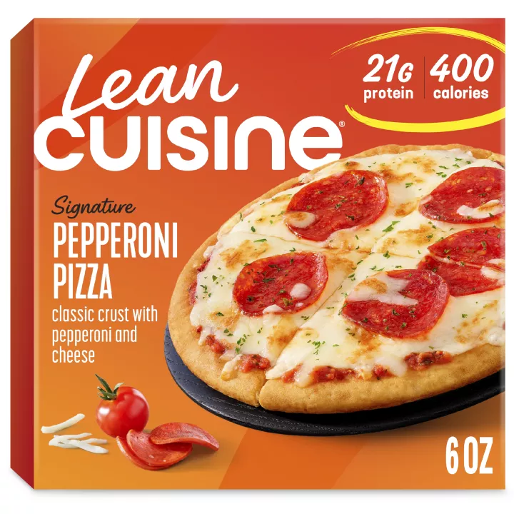 A box of Pepperoni Pizza with a Protein Kick label near crispy crust pizza with pepperoni, basil, garlic and cheese.