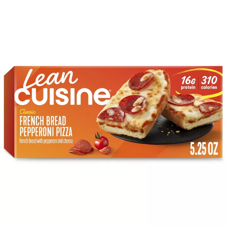 A box of French Bread Pepperoni Pizza with a favorites label near a plate of French bread pizza with pepperoni.