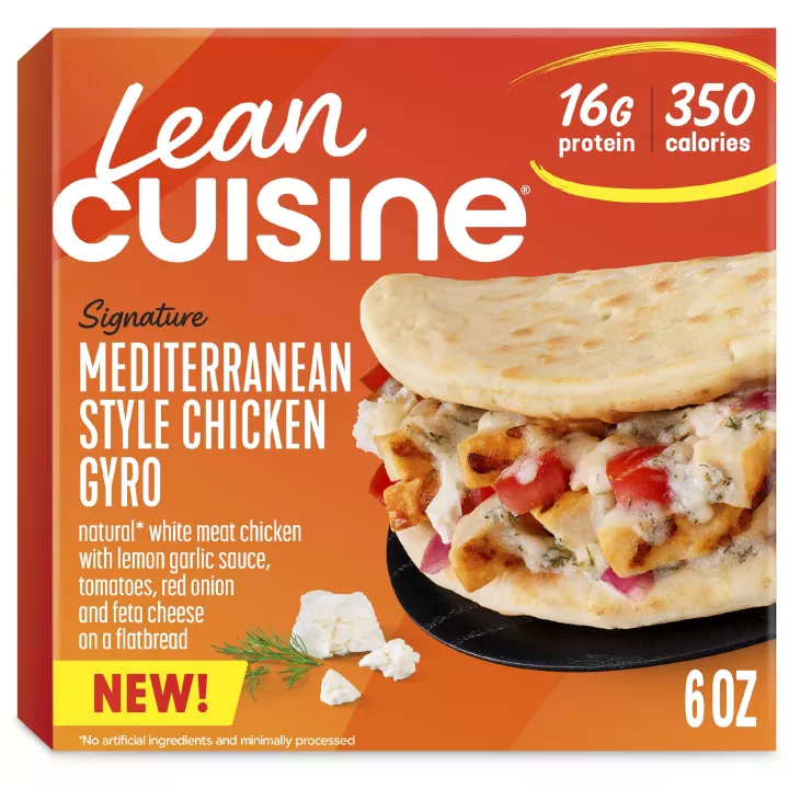 Front Center view of LEAN CUISINE Frozen Meal Mediterranean Style Chicken Gyro 6oz Carton NET WT 6 oz (170 g) product.