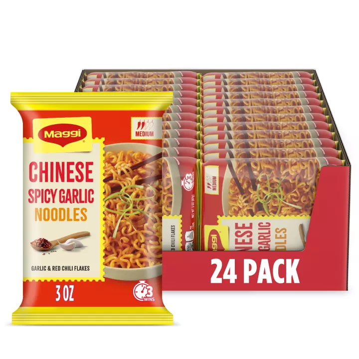Front Center view of MAGGI Medium Chinese Spicy Garlic Noodles 24x4oz 24 / 3 OZ (87 g) PACKSNET WT 73.6 OZ (4 lb 9.6 OZ) 2.08 kg product.