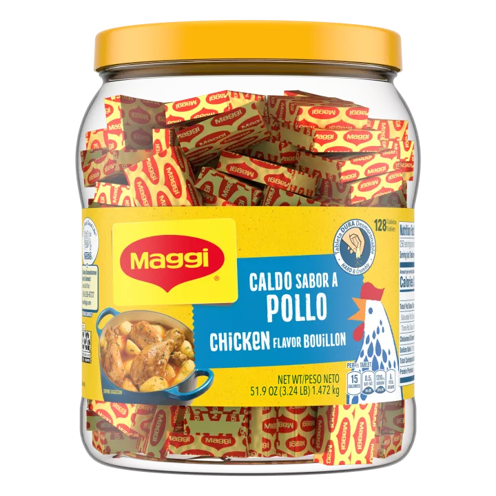 Vista frontal centrada de envase de tabletas de caldo sabor pollo Maggi con PESO NETO 51.9 oz (3.24 lb) 1.472 kg.
