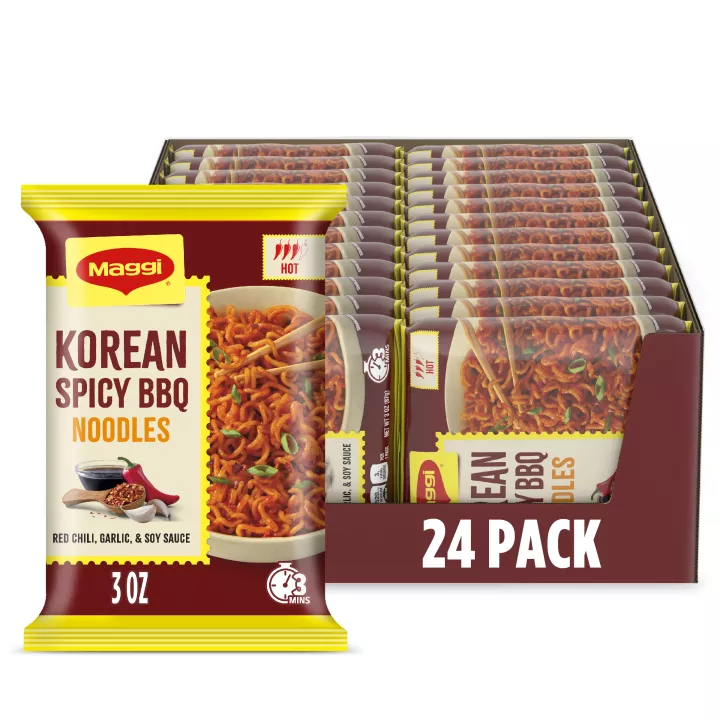 Front Center view of MAGGI Korean Spicy BBQ Noodles 24x3oz 24 / 3 OZ (87 g) PACKSNET WT 73.6 OZ (4 lb 9.6 OZ) 2.08 kg product.