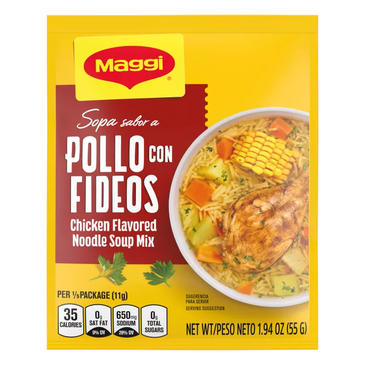 Yellow packet with Maggi logo and crimson label on left side. Large pot of chicken noodle soup sits to the right.