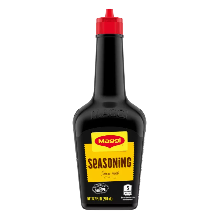 Front view of packaging for MAGGI Liquid European Seasoning 800ml with a bright yellow and red label that reads Seasoning.