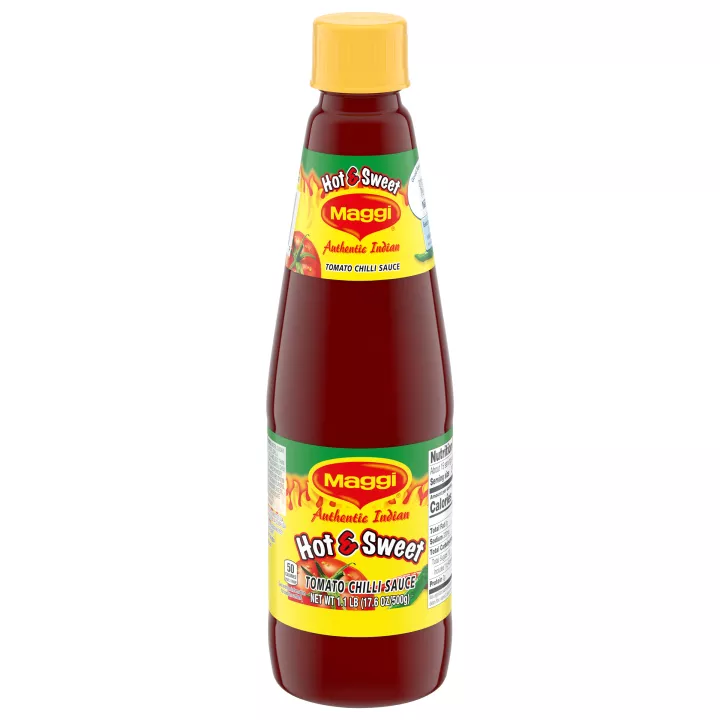 Foto con vista del frente de un envase de Salsa picante y dulce de