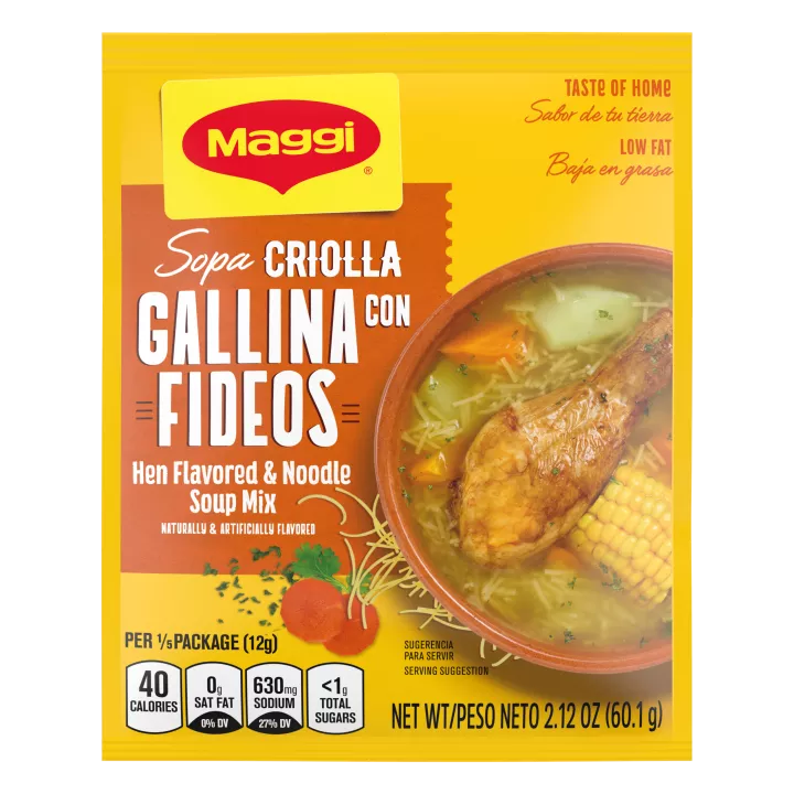 Criolla Chicken Noodle Soup mix with veggies on a green field above a bowl with chicken, corn, and noodles