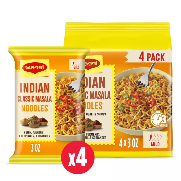 Front Center view of Maggi Indian Classic Masala Noodles 4 pack product.