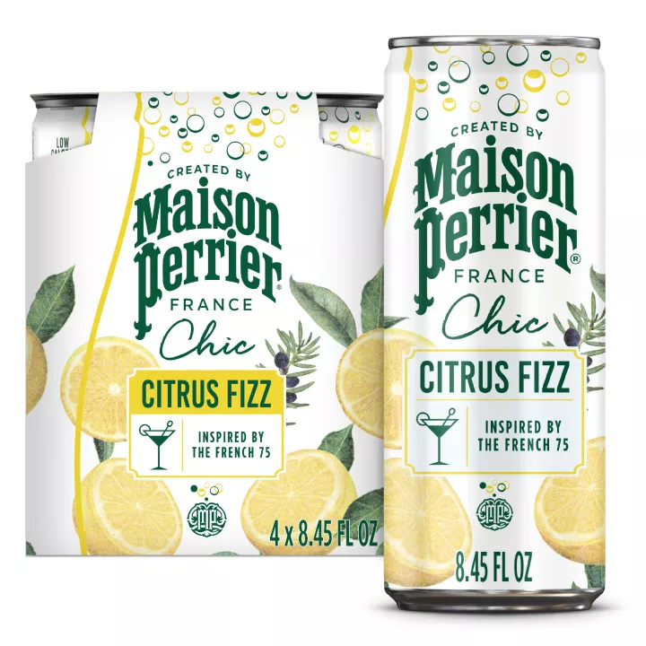 Vista frontal centrada de una lata de 8.45 fl oz de Chic Citrus Fizz de Maison Perrier 4 LATAS DE 8.45 FL OZ (250 mL) (TOTAL 33.8 FL OZ [1.06 QT] [1 L]).