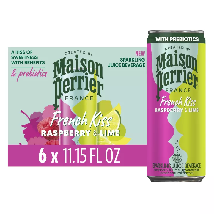 Front Center view of MAISON PERRIER French Kiss Flavored Water RASPBERRY LIME 6-11.15 FL OZ (330 mL) CANS (66.9 FL OZ [2.09 QT] [1.98 L] TOTAL) product.
