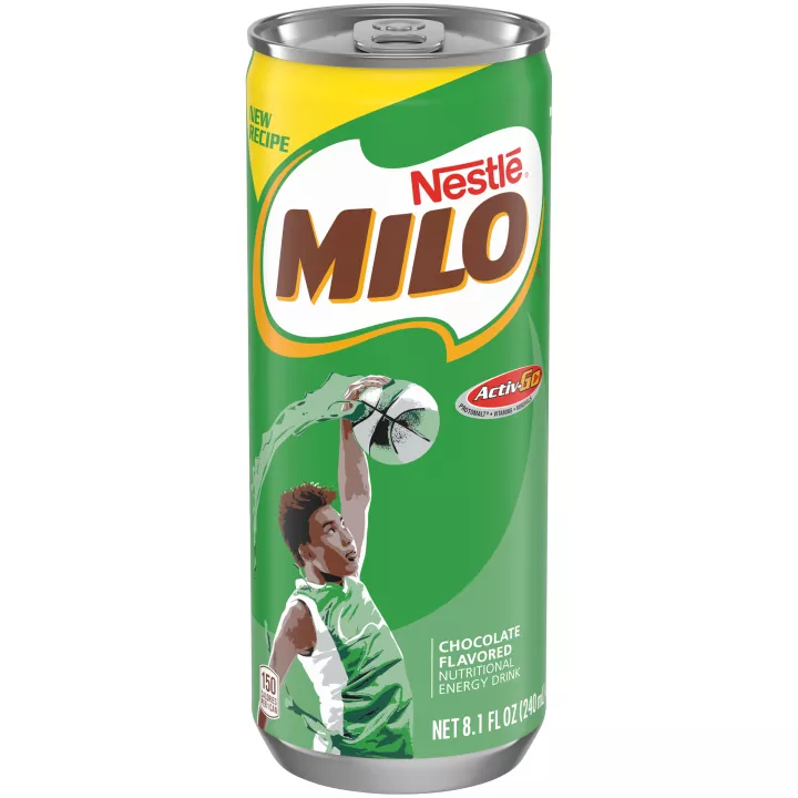 A green can with the MILO logo and a young boy in a green jersey dunking a basketball above the product name.