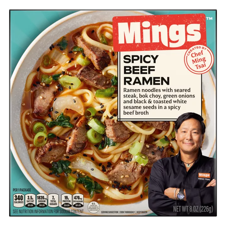 Front Center view of Mings Spicy Beef Ramen Frozen Entrée 8 oz (226 g) product.