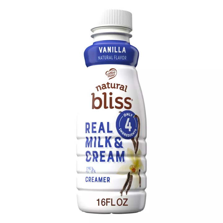 A white bottle of natural bliss Vanilla Creamer with a blue label above vanilla beans and the product name.