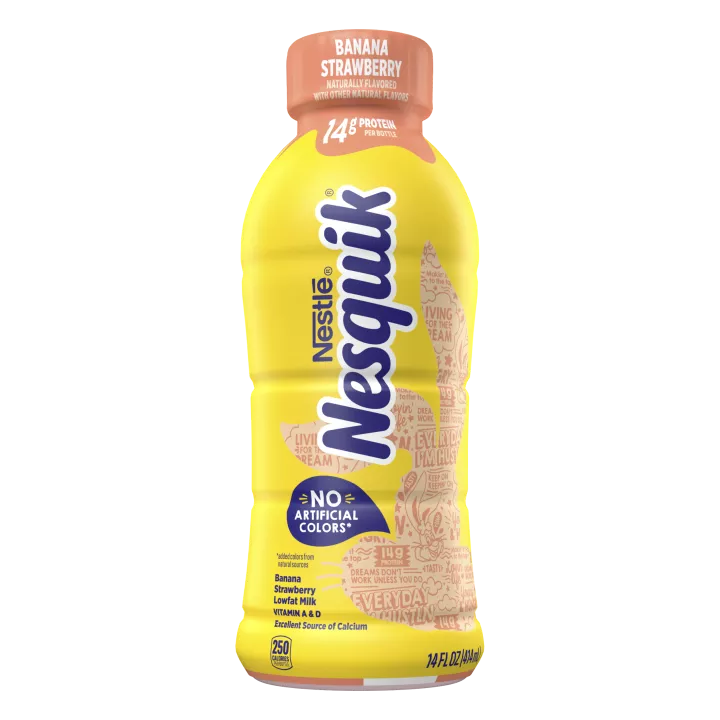 A yellow bottle with a pink cap and a pink silhouette of the Nesquik bunny’s head.